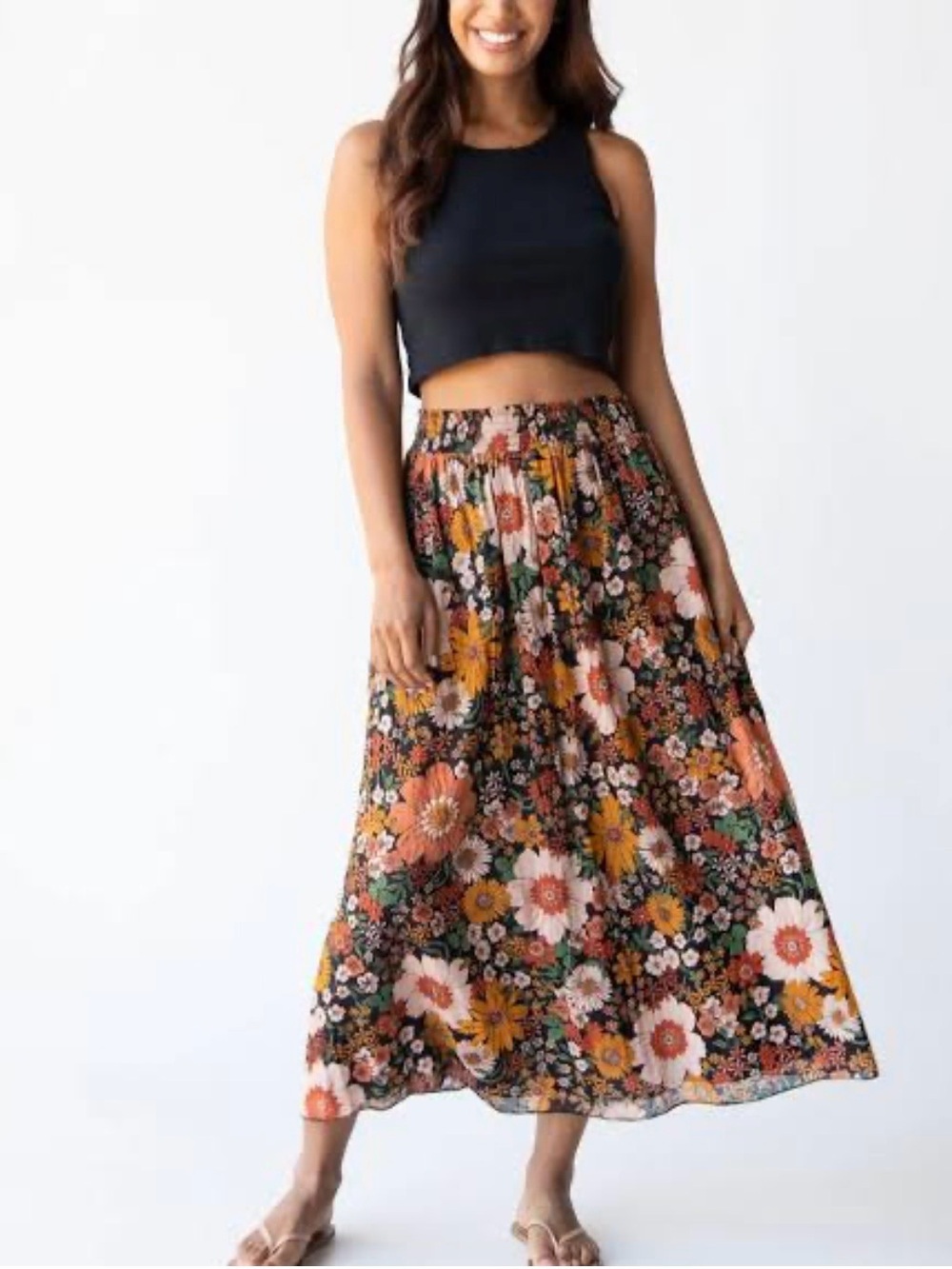 Natural Life Floral Boho Midi Skirt Small Smocked Waist Retro Inspired Earthy